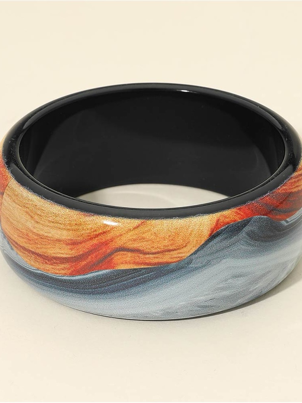 Marbled Resin Wide Bangle Bracelet in Black, Orange & Blue